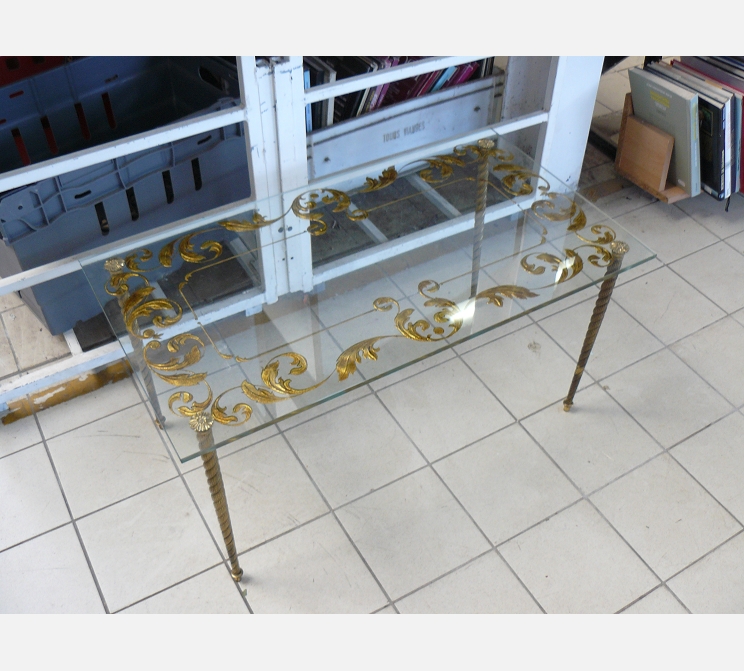 Table basse plateau verre||doré