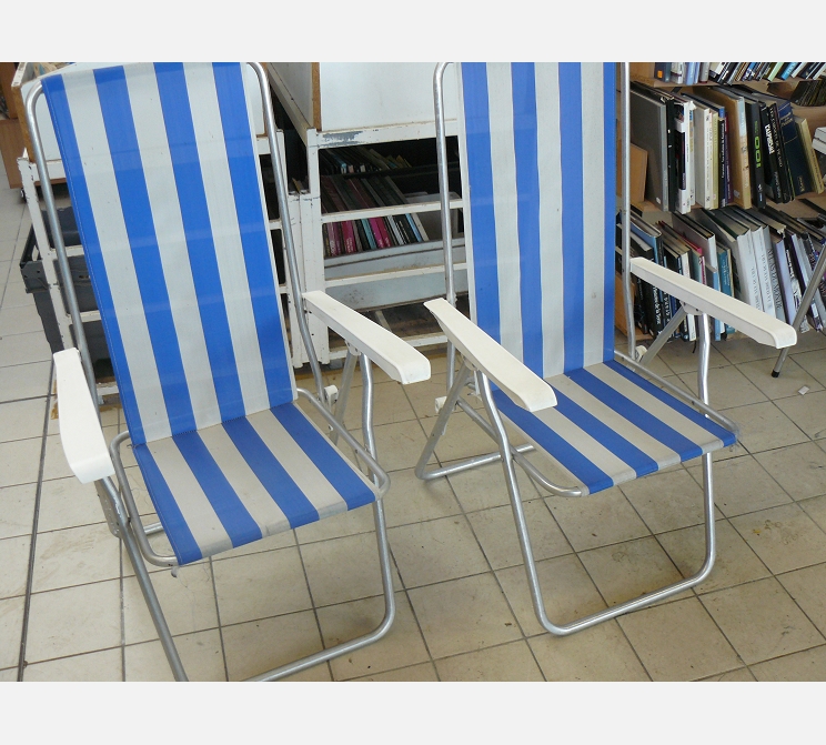 Paire de fauteuils pliables||de plage, bleu et blanc||
